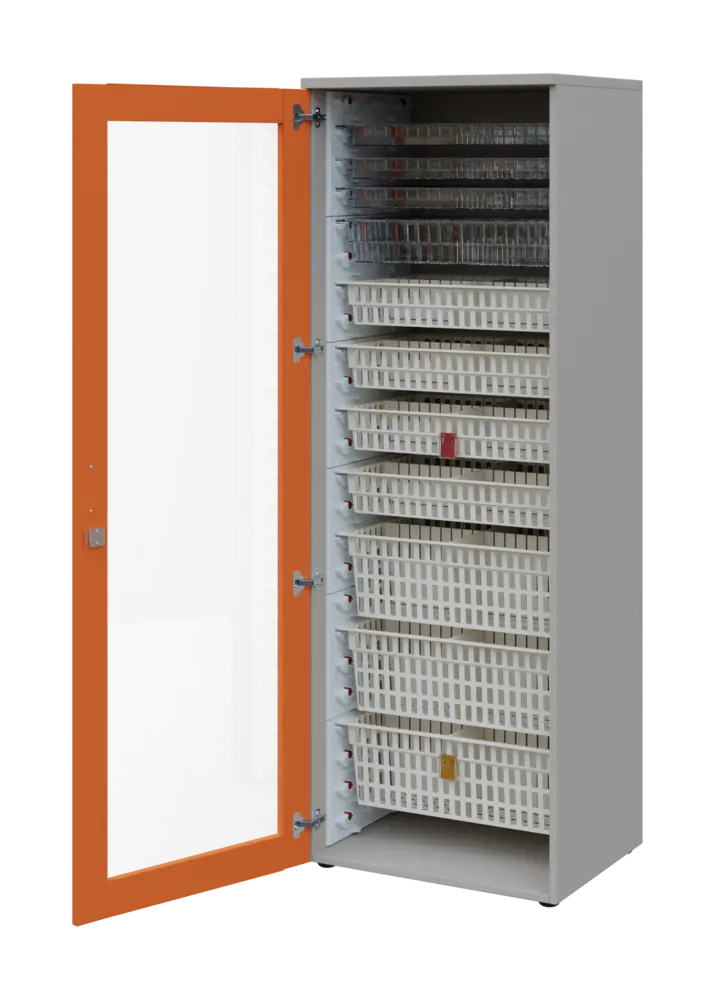 EUROMEDICA S - 66 skříň léková boxová, 1-dveřová/prosklená, levá, 1950x660x535, korpus šedý, dvířka mandarinka